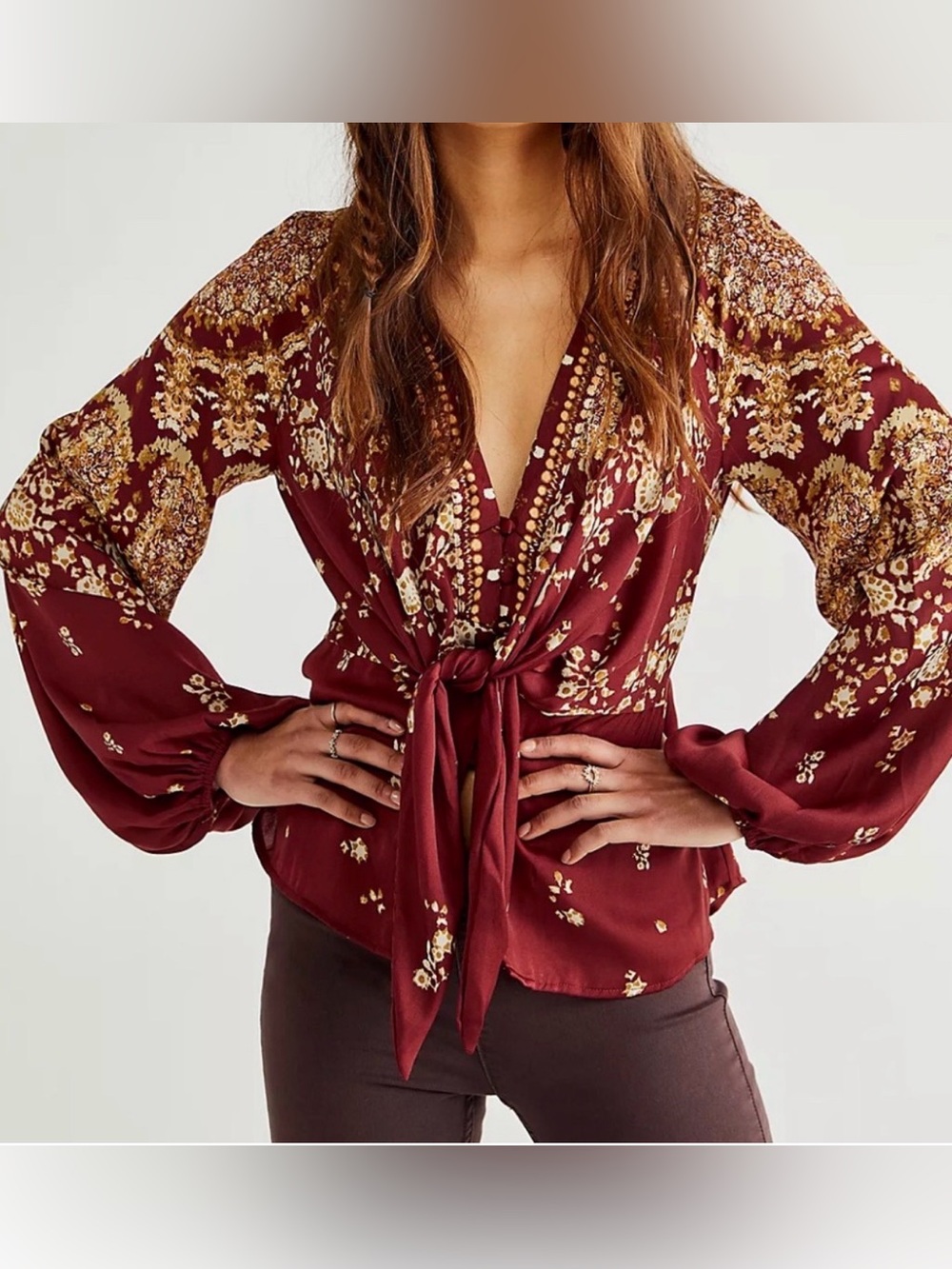 Free People Burgundy Floral Tie-Front Blouse